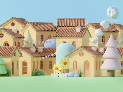 Colorful cartoon-style houses with trees and clouds in a bright, cheerful landscape.