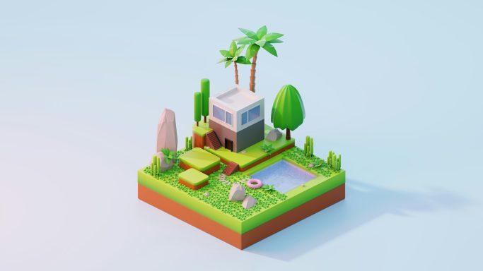 A small, stylized landscape featuring a house, garden, trees, and a pond.